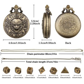 Mini DND Dice Set, with Steampunk Warlock Skull Pocket Watch Case, Tiny 7-Piece Polyhedral Metal D&D Dice, DND Gifts with Gift Box, Role Playing Board Game Accessories Dice, Bronze