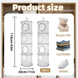 WEELOO Toy Storage Collapsible Hanging Soft Net 2 Pcs, 4 Tiers Hanging Mesh Arrangement Basket, Save Space Clothes Soft Plush Toys Clothes Basket Storage Space for Kids Room Bedroom Bathroom Balcony