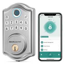 AkaGear DS10 Pro Keyless Entry Door Lock, Fingerprint Door Locks, Electronic Keypad Lock, Smart Deadbolt, Smart Locks for Front Door, Auto-Lock & One Touch Locking with Bluetooth - Satin Nickel