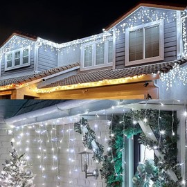 Aolupal Upgraded 640LED Solar Christmas Icicle Lights Outdoor Waterproof,63.4FT 13 Modes & USB Rechargeable Solar Powered Icicle Light for Roof House Yard Christmas Outdoor Decoration (Cool White)