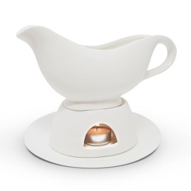 KOVOT 12 Ounce Gravy Boat, Warming Stand & Tray | Ceramic White Gravy Dish With Tealight Warming Option