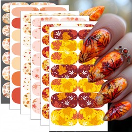 Fall Nail Stickers for Nail Art, 6 Sheets Maple Leaf Nail Polish Strips Thanksgiving Gel Nail Stickers DIY Full Wraps Stickers Autumn Maple Leaves Nail Decals for Women Holiday DIY Manicure Decoration