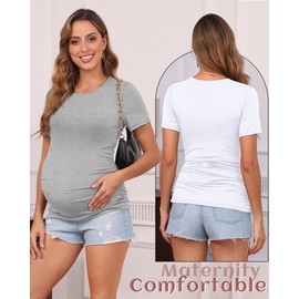 Huukeay 4 Pack Women's Maternity Shirts, Crew Neck Maternity Top Short Sleeve Casual Cotton Tee Side Ruched Pregnancy Clothes(Black, Army Green, Light Heather Gray, White,Medium)