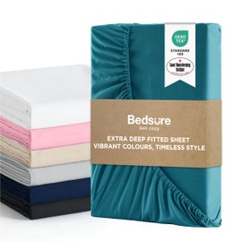 Bedsure King Fitted Sheet Deep - Bed Sheets Extra Deep Pocket 16 Inches (40 cm), Soft Brushed Polyester Microfiber Material for King Size Bed, Teal, 150x200cm