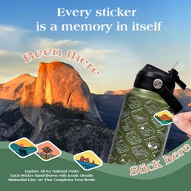 PJR Jsongos National Parks Water Bottle with 63 Waterproof Stickers – 32 oz Insulated Stainless Steel Bottle, 2-IN-1（Straw Spout）& Dustproof Lids, BPA-Free, Camping Hiking Travel Gifts (Green)