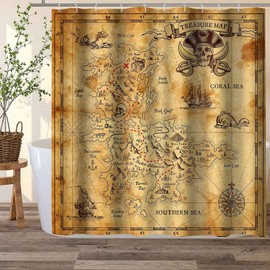 PAEOT Nautical Island Map Shower Curtain Vintage Pirate Treasure Map Bath Curtain 72x72 Inch Polyester Fabric Adventure Pirate Map Bathroom Decor Sets with 12 Hooks YLOKPA0052
