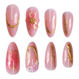 Almond Press on Nails Medium False Nails Pink Fake Nails 3D Flower Artificial Nails with Gold Designs Glue on Nails Cute Glossy Stick on Nails for Wmoen 24PCS