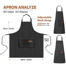 2 Pack Chef Apron, Adjustable Neck Cooking Aprons for Men & Women, Black Stripe Chef Bib Aprons with Pockets, Durable Polyester Cotton Apron, Versatile Aprons for Home and Professional Use (One Size)