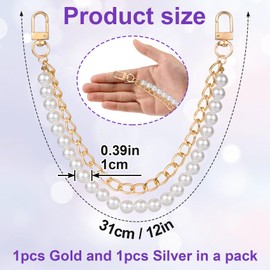 HINZIC 2Pcs Pearl Purse Chain Extender 12inch Gold Silver Handbag Straps Metal Shoulder Crossbody Bags Short Handle Replacement Charms Accessories for Women