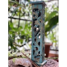 Wooden Incense Stick & Cone Burner Holder Tower Large Organic Eco Friendly Ash Catcher Agarbatti Holder Rustic Style Hand Carved For Meditation Aromatherapy Home Fragrance Products (Blue)