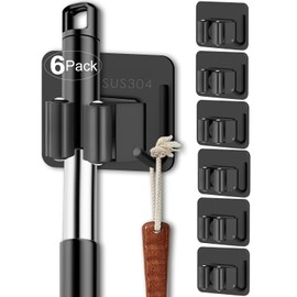 AceMining 6Pcs Broom Holder, Black Broom Holder Wall Mounted, Stainless Steel Mop Holder, Broom Gripper with Nails Installation, Heavy Duty Broom Clips, Broom Storage
