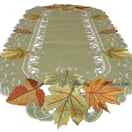 Quinnyshop Autumn Leaves Table Runner Table Cloth Table Cloth Cushion Cover Linen Look Green Beige – Choice of Sizes Approx. 45 x 110 cm Oval