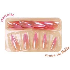 IMRAIN Press on Nails Long Stiletto Chrome Fake Nails Pink Gradient Acrylic False Nails Glossy Aurora Glue on Nails Bling Artificial Stick on Nails for Women Girls Nails Decoration for Women 24Pcs