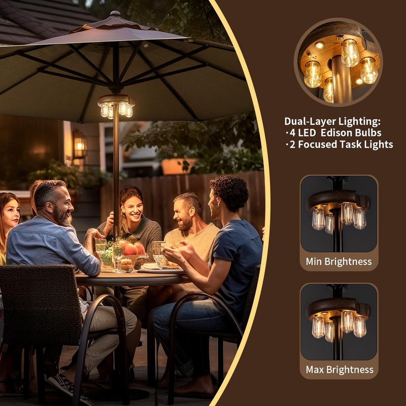 Dark Wood Grain Patio Umbrella Light with Remote Control, Rechargeable