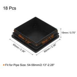 sourcing map 18Pcs Square Plastic Plug Insert, 2.36" x 2.36" Black Plastic Plugs End Cap Tube Cover for 54-58mm Inner Size Metal Pipe Post Furniture Chair Legs