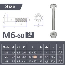 Wavanta M6 Coach Bolts, M6 x 60mm Carriage Bolts with Flange Hexagon Nuts, Zinc Plated, Carbon Steel, Coach Screws, Pack of 20