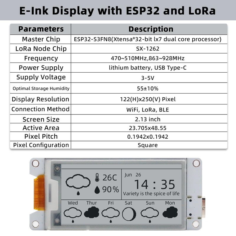 2.13 Inch LoRa E-Ink Display Module, ESP32-S3 USB C with