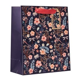Design By Violet Midnight Medium Gift Bag – Navy Blue Floral Luxury Reuseable Paper Bag with Red Handles – Premium Gift Wrapping Bag for Mother's Day, Birthdays, Christmas, and Special Occasions