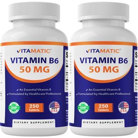 Vitamatic Vitamin B6 (Pyridoxine HCI), 50 mg 250 Vegetarian Tablets - Promotes Energy Production, boosts Metabolism and Immune Health Support- 2 Pack