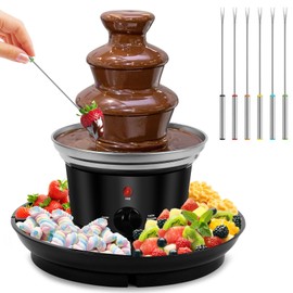 Fuente de fondue de chocolate de 16 onzas, mini fuente de chocolate de 3 niveles con 6 tenedores de fondue y bandeja de extracción para frutas/frutos 