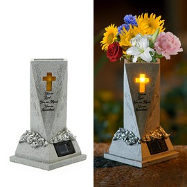 Cemetery Vase, Cometery Decor Solar Vase with LED Lights for Fresh or Artificial Flowers, Solar Grave Flowers Holder Headstones Vases, Sympathy & Memorial Gifts for Loss of Loved One (Grey)