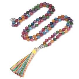 BALIBALI 108 Mala Beads Necklace Semi-Precious Gem Stones Meditation 108 Hand Knotted Japa Mala Beaded Tassel Necklace with Tree of Life Pendant (Tourmaline)