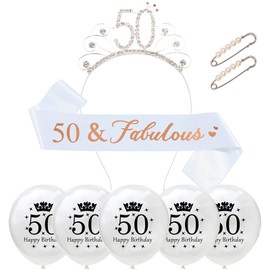 Yxelydriail 50th Birthday Sash and Tiara Rose Sash Rhinestone Crown 50th Birthday Decorations for Women (White 50th)