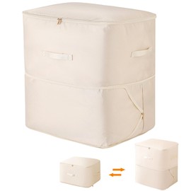 Ultra Space Saving Self Compression Organizer, Large Capacity Packing Organiser with Zips, 52*42*60cm Expandable Packing Cube Bag, Beige Storage Bags for Comforters, Clothes, Blankets, Duvets, Sweater