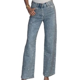 LETSVDO Women's Rhinestone Jeans Baggy High Waisted Y2k Straight Wide Leg Sparkly Glitter Bling Denim Pants Trousers Blue