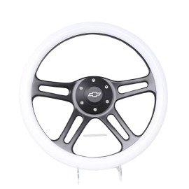New World Motoring 14" 4 Spoke Black Steering Wheel WHITE Grip 6 Hole Chevy Horn Button Muscle