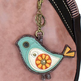 Chala Handbags Dust Rose Shoulder Purse Tote Bag with Key Fob/Coin Purse Rose- Green Bird