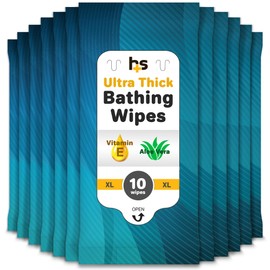 HealthSmart Adult Bathing Wet Wipes, Pack of 10, pH Balanced, Vitamin E & Aloe, Unscented, Rinse Free, Perfect for Travel, White
