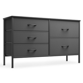 Athena Collection 5 Drawers Dresser for Bedroom, Wide Chest of Drawers TV Stand with Metal Frame, MDF Top, Fabric Dresser for Living Room, Hallway, 39.5" L x 12" W x 21.5" H, Black