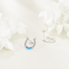 ZPMMPZ Horseshoe Earrings 925 Sterling Silver Blue Opal Horse Shoe Studs Earrings Hypoallergenic Jewelry Gifts for Women Men