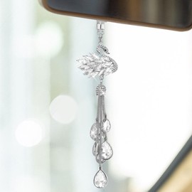 Bling Swan Crystal Rhinestone Car Mirror Hanging Ornament, Double Sided Decorations Pendant for Women Girls (White)