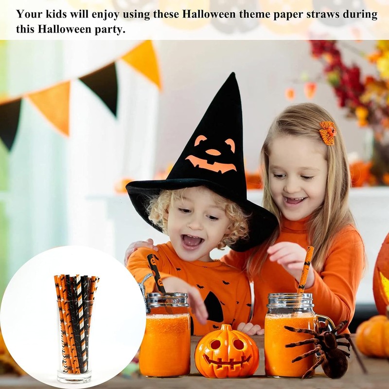 Halloween Paper Straws Decorations - 50Pcs Black Orange Drinking Straws