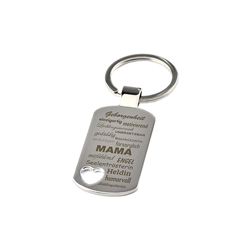 Keyring pendant with heart cut-out and engraving "Eigenschaften einer Mama"