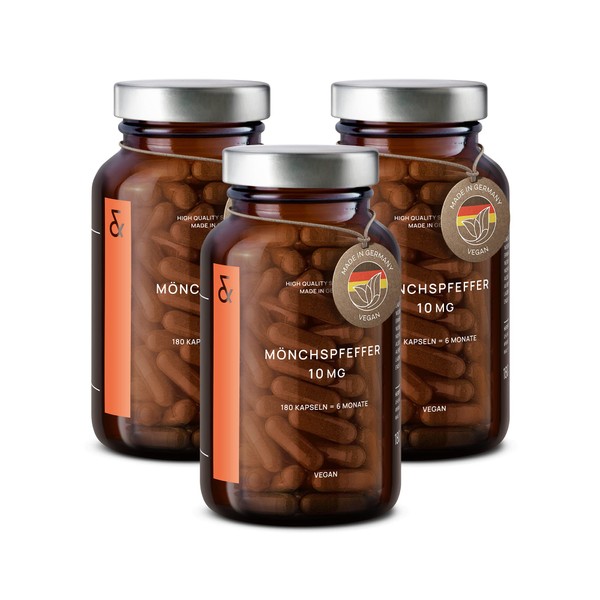 Set of 3 - Monk Pepper High Dose - 10 mg Agnus Castus Extract per Capsule - Vitex Agnus Castus - 540 Monk Pepper Capsules - Vegan