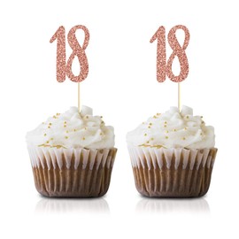 Rose Gold 18th Birthday Cupcake Topper, 24-Pack Number 18 Glitter Happy Birthday Party Cupcake Toppers, Decorations