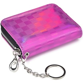 Card Wallet Credit Card Holder RFID Blocking Wallet, Credit Card Wallet Compact Size with Elastic Coin Pocket, ID Window, Leather Card Holder with Zipper for Women Key Chain (Glitter Purplish Red)