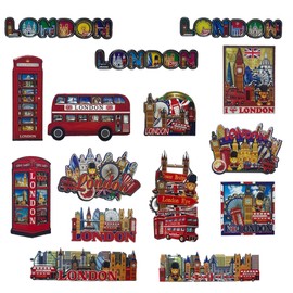 LILAJ Set of 12 London Souvenir Wooden Fridge Magnets of Iconic Landmarks: Big Ben Tower Bridge, London Eye, Red Phone Box, Bus, Royal Guard Perfect Travel Collectibles & Kitchen Decor Great Gift Idea