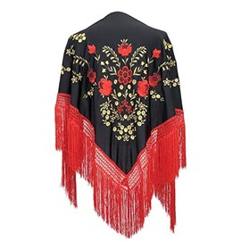 La Senorita Spanish Flamenco Dance Shawl black red gold with red Fringes