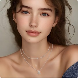 BYIA Sterling Silver Layered Initial Necklaces For Women Trendy 18K Gold Plated Distinct Initial Pendant Necklace Silver Delicate Beaded Necklace Jewelry Silver X