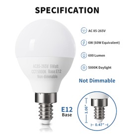 8 Pack E12 LED Ceiling Fan Light Bulbs 120V 60W Eqv., Daylight 5000K, A15 Candebalra Light Bulbs Small Base, Bright White LED Bulb Round, Not Dimmable