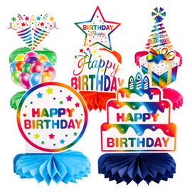 NQEUEPN 8pcs Happy Birthday Table Decorations, Rainbow Birthday Centerpieces Holographic Colorful Honeycomb Centerpiece for Boys Girls Birthday Party Celebration Supplies Table Toppers Props