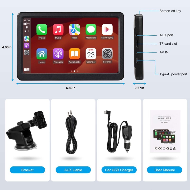 7" HD Wireless Carplay Screen for Car, Touch Screen Portable