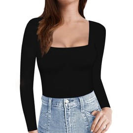Shen&Qege Women's Bodysuits Square Neck long Sleeve Bodysuits Tops