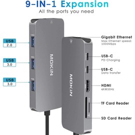 MOKiN USB C Hub Multiport Adapter for MacBook/Dell/HP, 9 IN 1 USB C Dongle Laptop Docking Station with 4K HDMI Ethernet, USB C to RJ45 Ethernet, 3 USB Port, 100W PD Charging, USB C to SD/TF