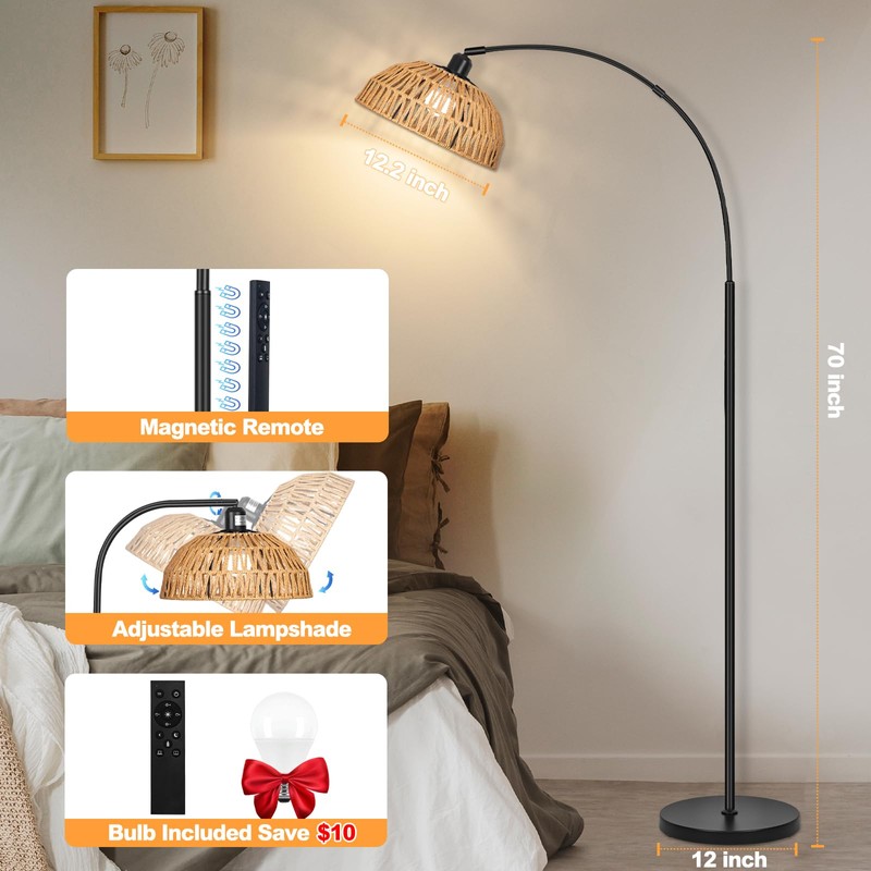 Boho Floor Lamp with Remote- Arc Tall Lamps, Bronze Floor