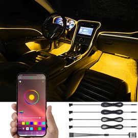 TABEN Car Ambient Lighting Kit, 4 in 1 with 4 m Fibre Optic Multicoloured Car Atmosphere Lighting Kit, Music Rhythm Sound Active Memory Function and Bluetooth App Control DC 12 V